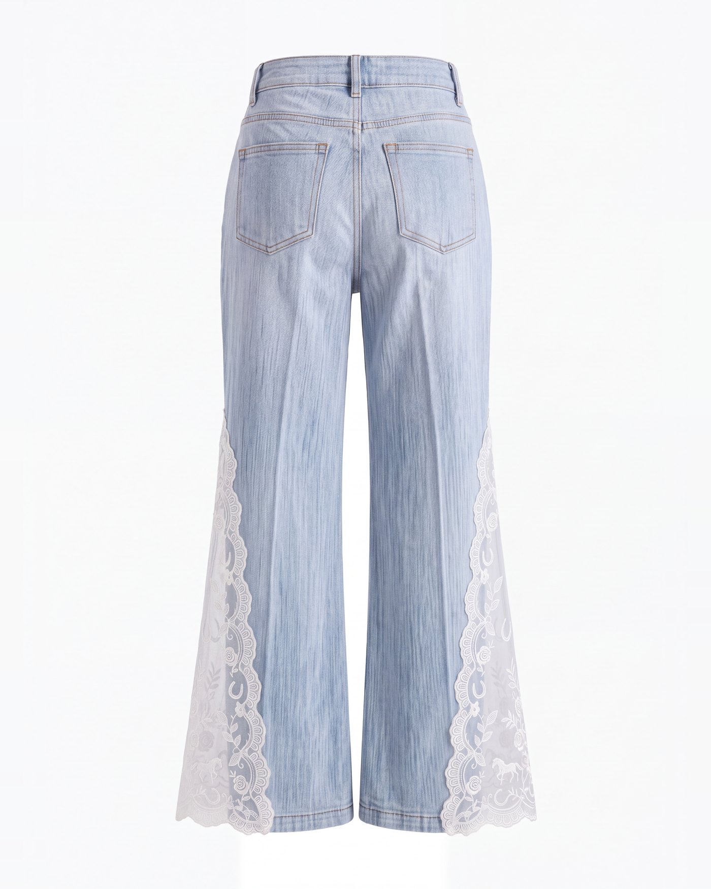 The Paddock Lace Jean in white lace, back: two pockets, plain denim above the knee, the lace panels below