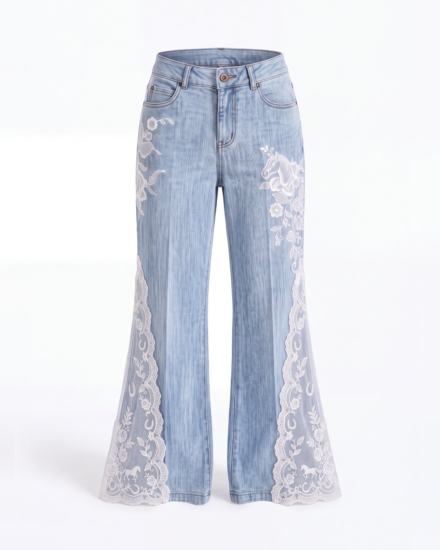The Paddock Lace Jean in white lace, front: light wash denim, sheer white lace from the knee, a lace horse head on the right thigh