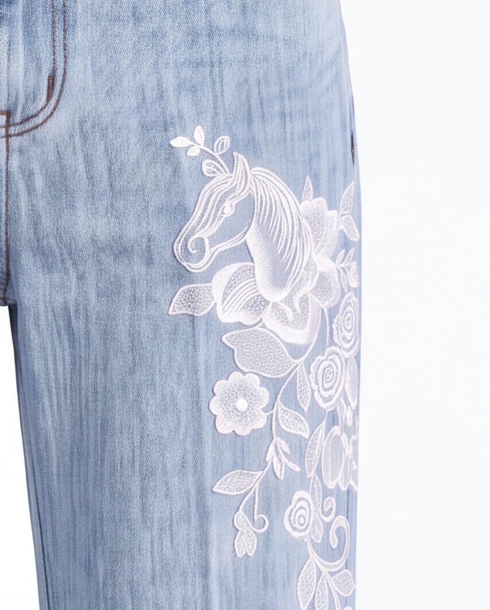 Close up of the white lace horse head and roses on the right thigh